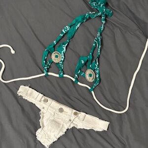 Teal & White Bikini Bandana Top with Silver Conchos & White Denim Bottoms